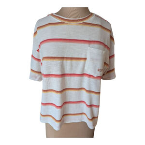 Roxy White & Coral Striped Short Sleeve Boxy Pocket T-Shirt Sz‎ S Yellow Y2K EUC